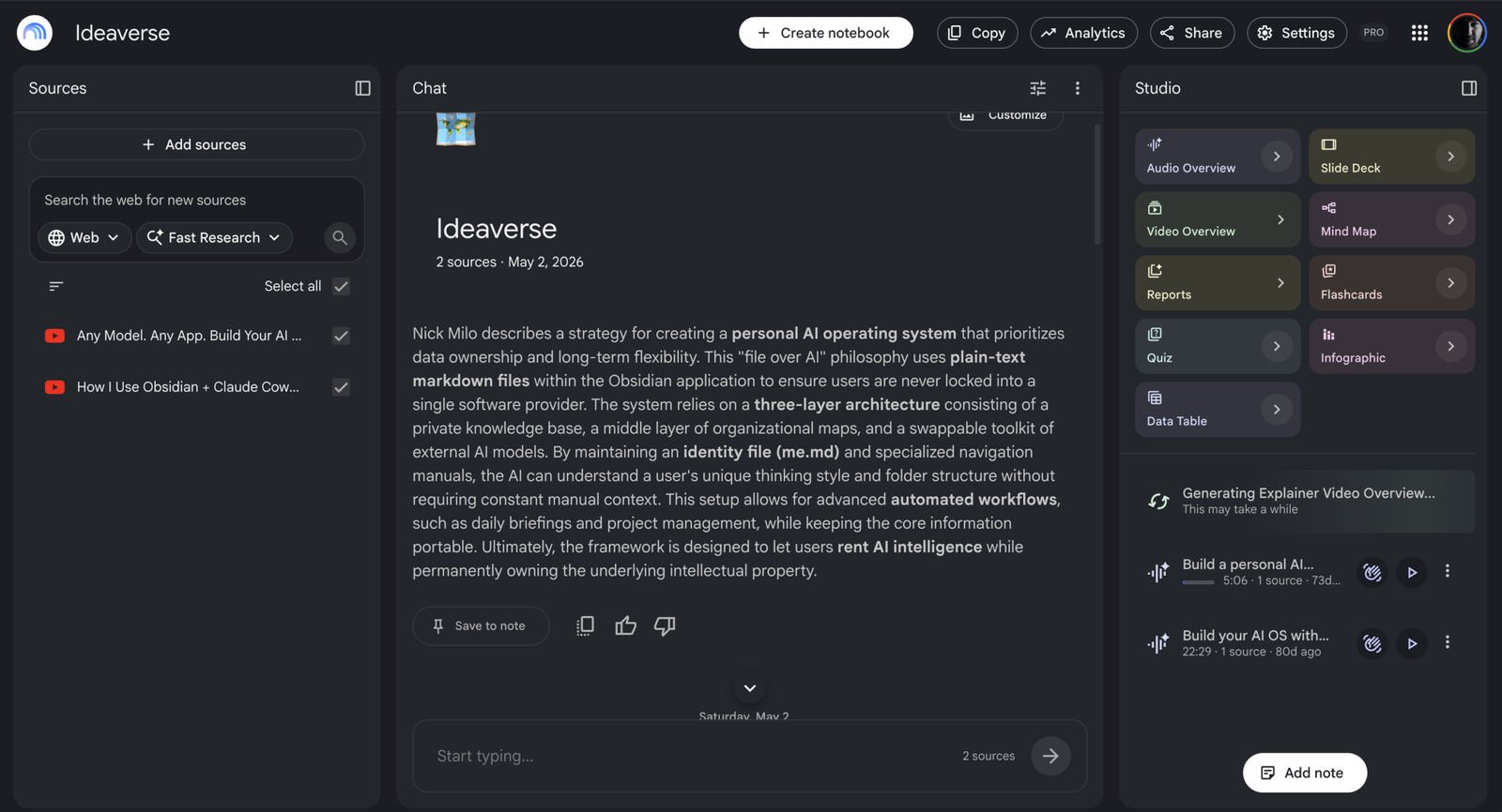 Gemini Notebook interface showing Andrea’s Ideaverse notebook with two Nick Milo YouTube sources