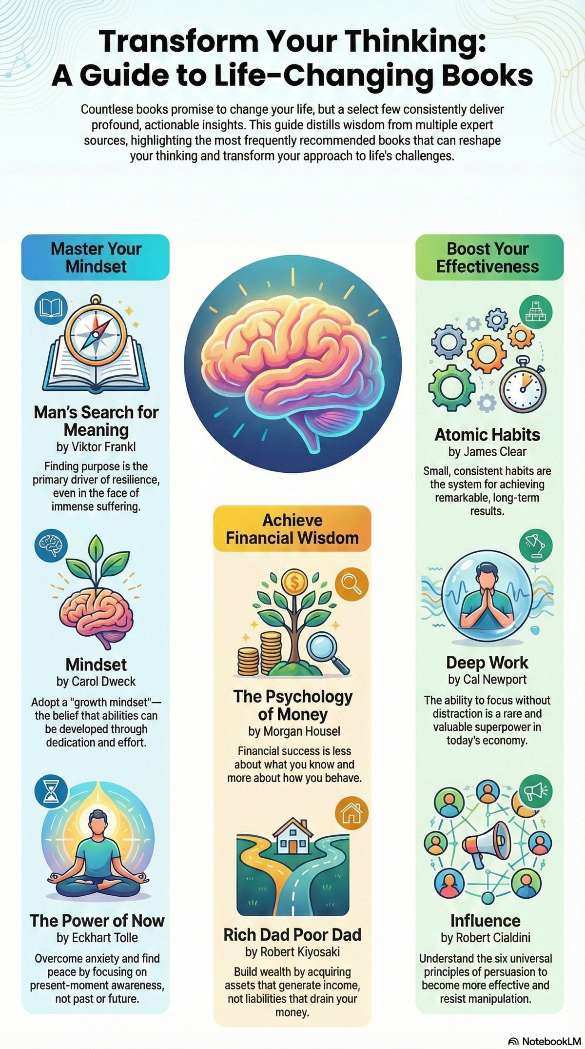NotebookLM infographic grouping books by mindset, effectiveness, and money