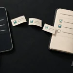 A hand touches a phone as three task slips lead towards an open daily notebook.